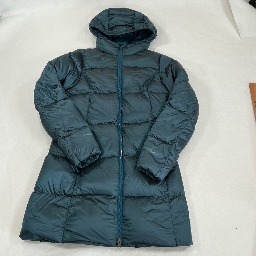 Eddie Bauer EB550 Down Parka Womens Small Teal Green Puffer Hooded Long Jacket